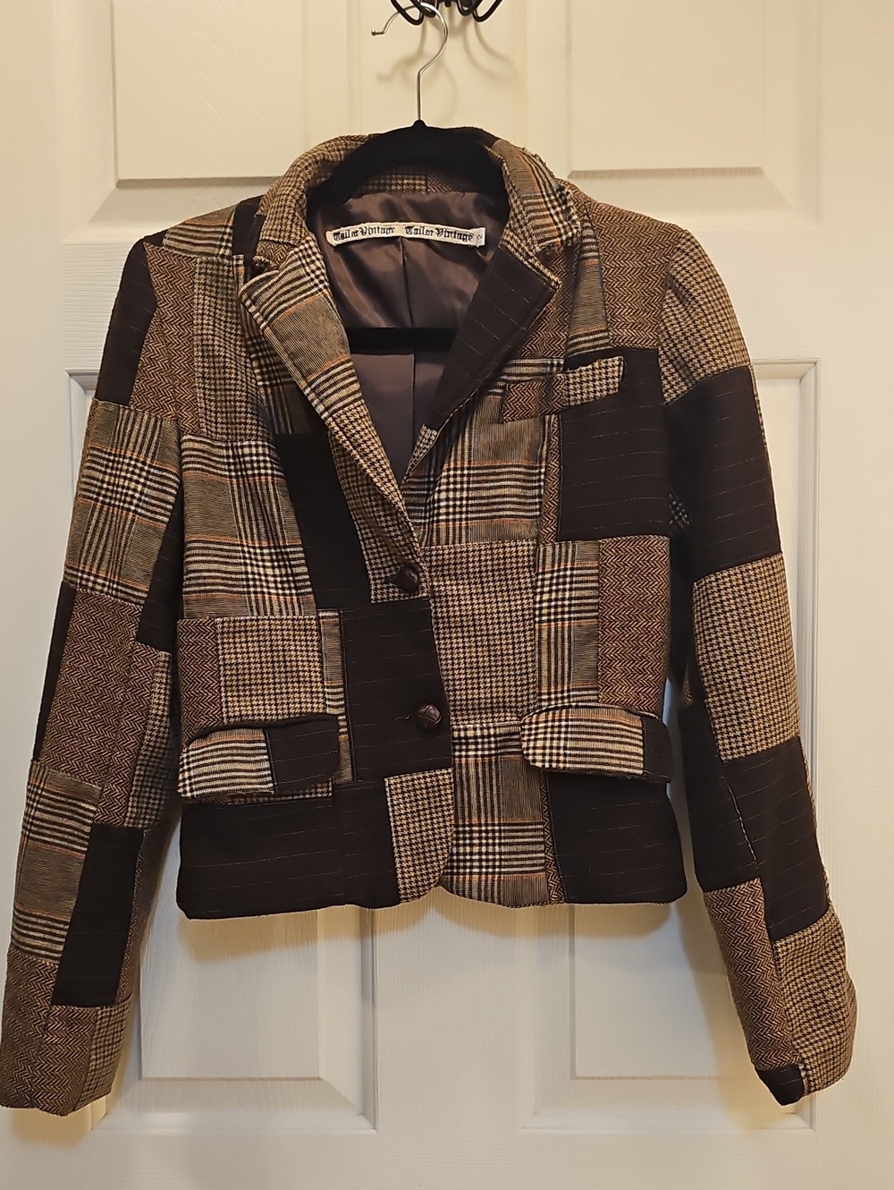 Women's Size 2 Tailor Vintage Brown Patchwork + Houndstooth Plaid Blazer Jacket